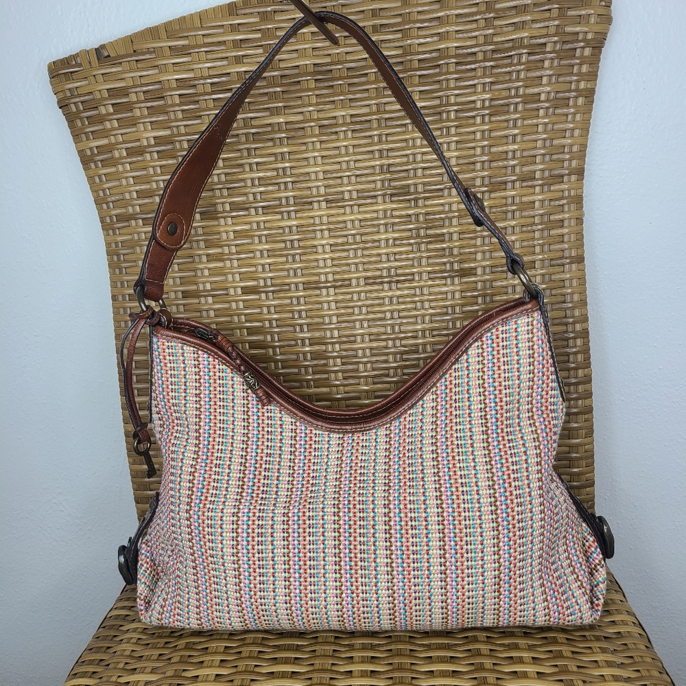 Fossil Bag Shoulder Hobo Satchel Purse Earth tones Woven Textile Leather Strap